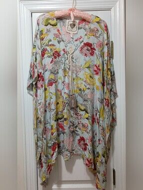 Lightweight Floral Kimono Kaftan Cover-Up in Pastel Blue with Yellow Red Floral